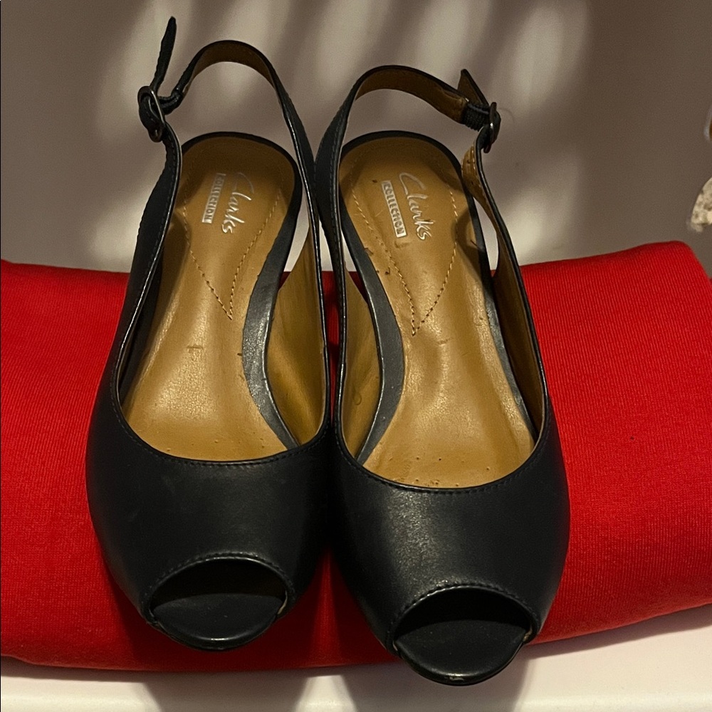 Clarks Navy Peep-Toe Heels